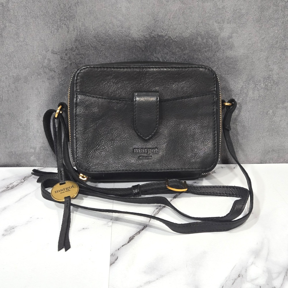 Margot New York Leather Crossbody Bag Black Zip Gold Hardware Purse
